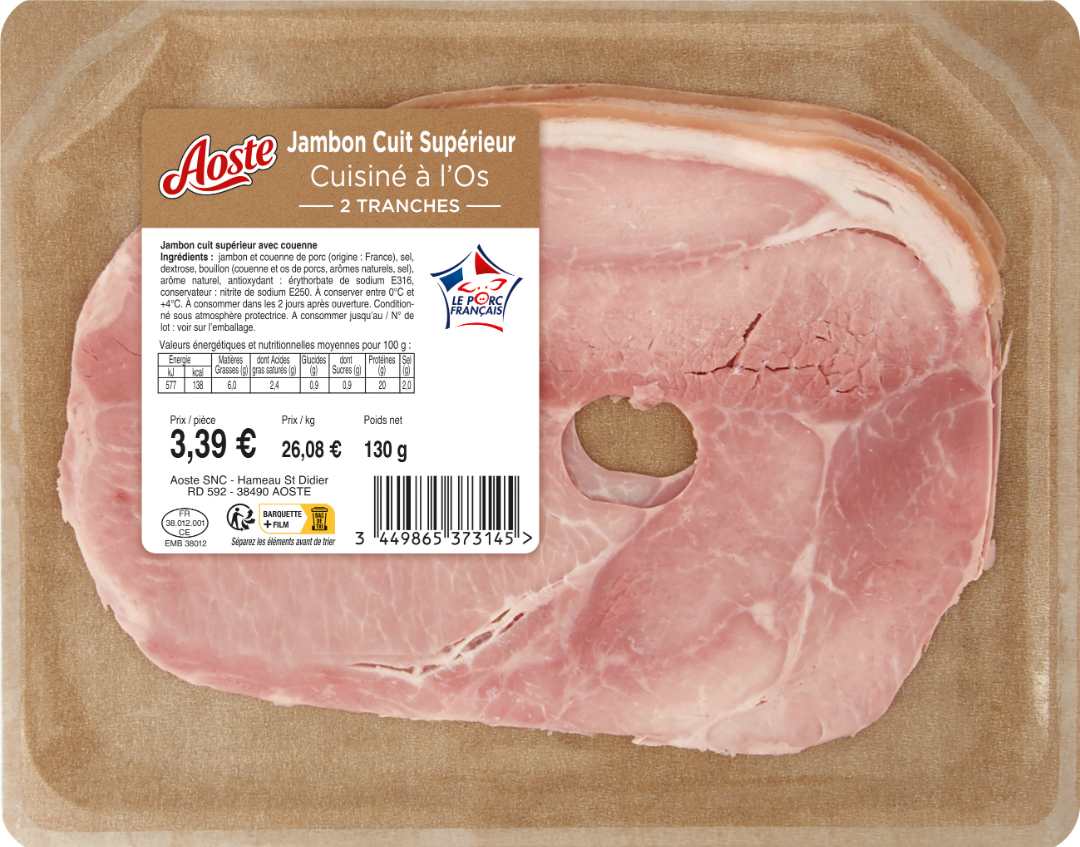 Jambon cuit supérieur cuisiné à l’os 2t 130g Aoste : photo du produit rappelé le 13/03/2026