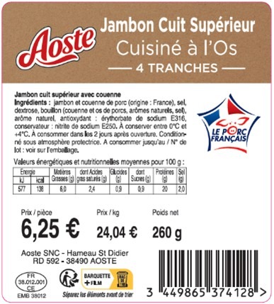 Jambon cuit supérieur cuisiné à l’os 4 tranches 260g Aoste : photo du produit rappelé le 06/03/2026