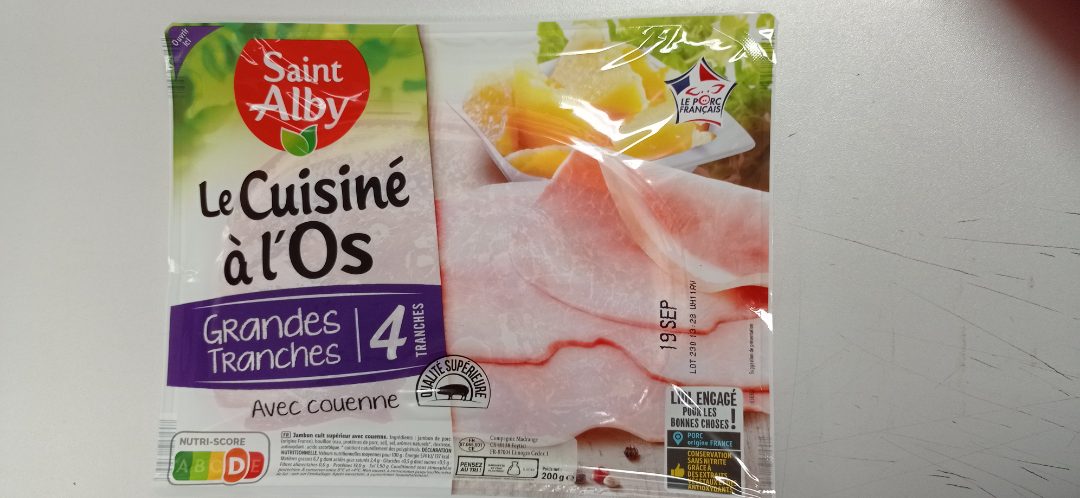 Jambon cuit supérieur cuisiné à l'os avec couenne 4 tranches Saint Alby : photo du produit rappelé le 24/08/2021