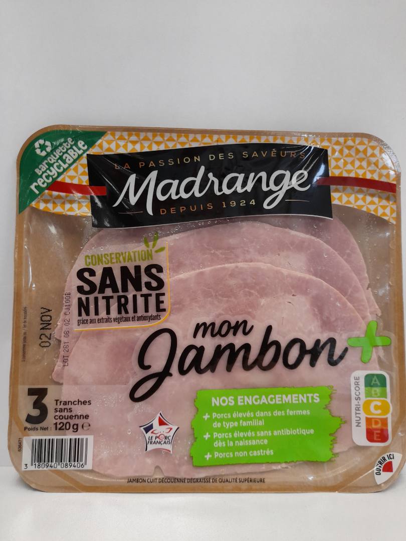 Jambon cuit supérieur découenné dégraissé 3tranches conservation Madrange : photo du produit rappelé le 15/10/2021