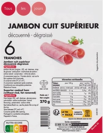 Jambon cuit supérieur découenné / dégraissé - 6 tranches (270g) - tous : photo du produit rappelé le 01/03/2024