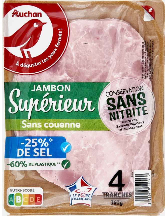 Jambon cuit superieur decouenne degraisse a teneur reduite en sel Auchan : photo du produit rappelé le 25/03/2026