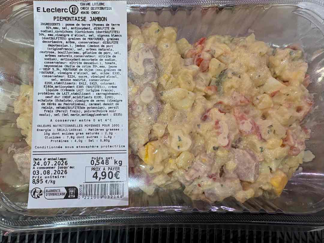Jambon cuit supérieur découenné dégraissé Produits Élaborés sur Place : photo du produit rappelé le 07/08/2026
