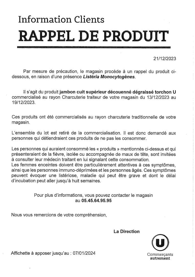 Jambon cuit supérieur découenné dégraissé torchon u : photo 2 sur 2 du produit rappelé le 21/12/2023