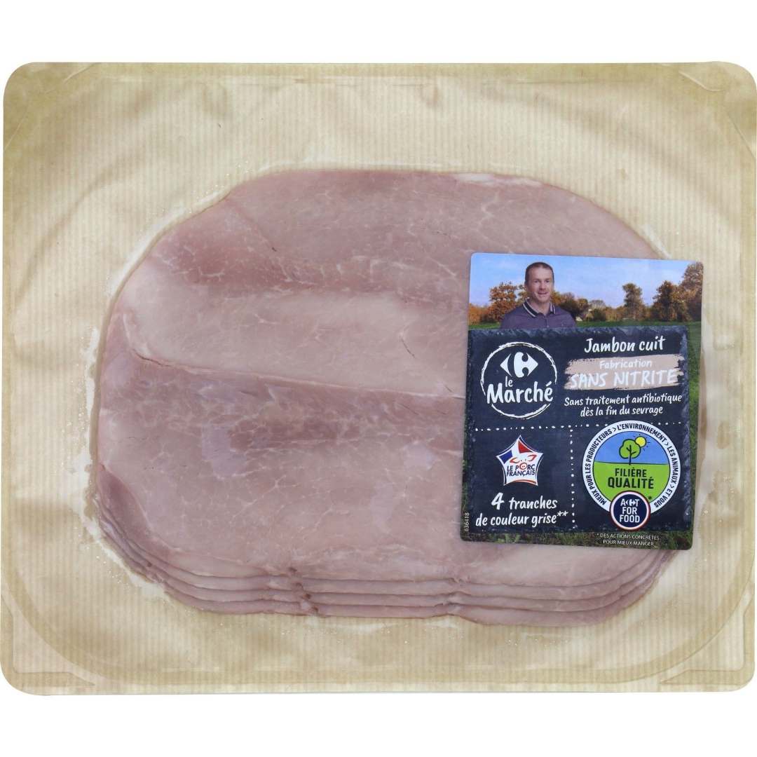 Jambon cuit superieur preemballe 2 tranches Carrefour le Marche : photo du produit rappelé le 20/01/2022