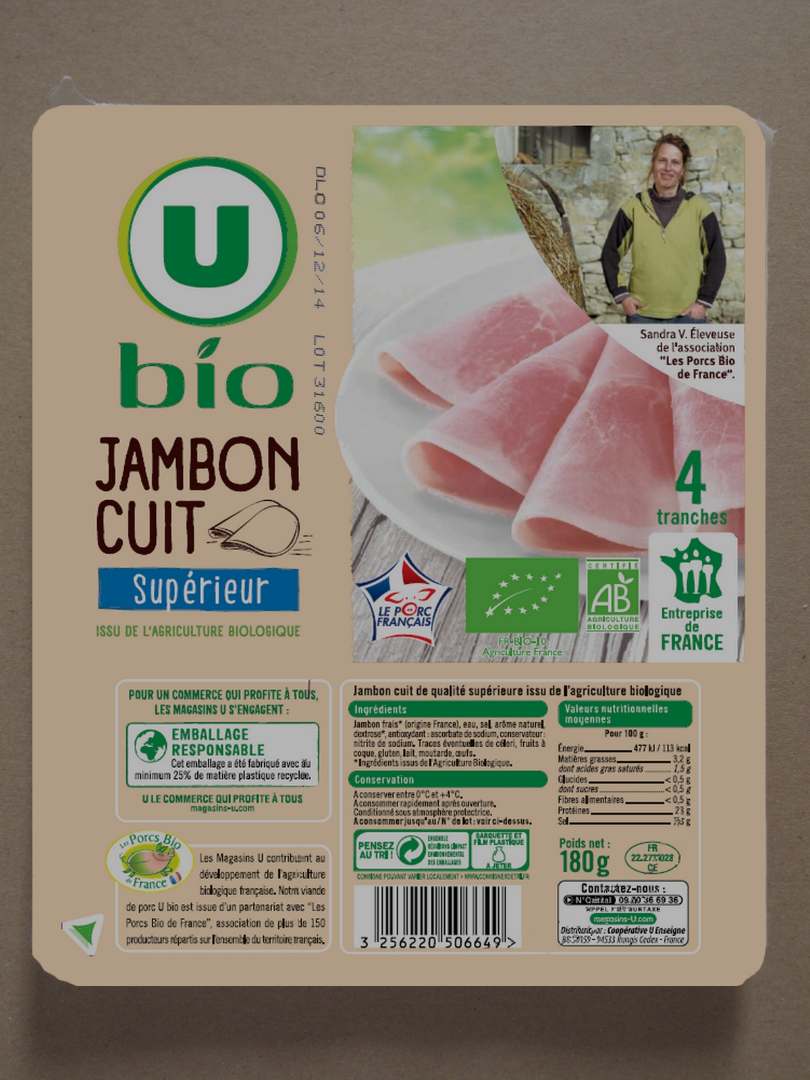 Jambon cuit supérieur u bio - 4 tranches 180g : photo du produit rappelé le 06/09/2021