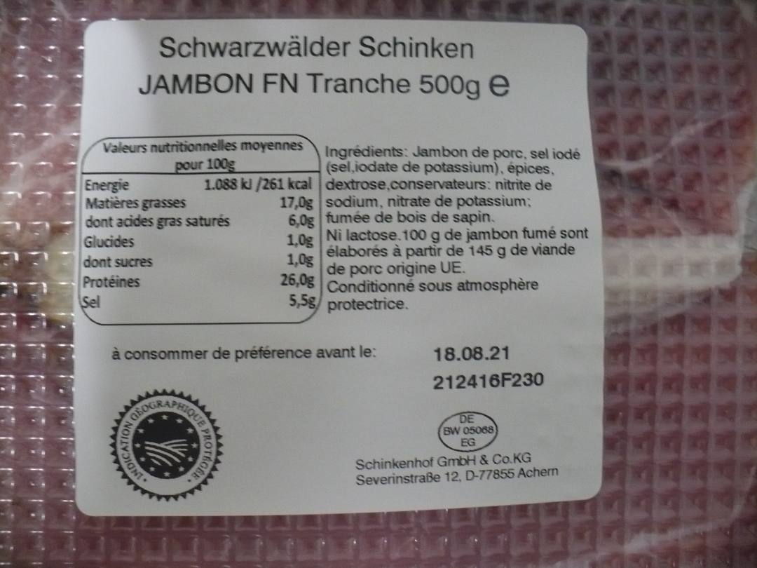 Jambon forêt noire tranché 500g Schinkenhof : photo du produit rappelé le 08/07/2021