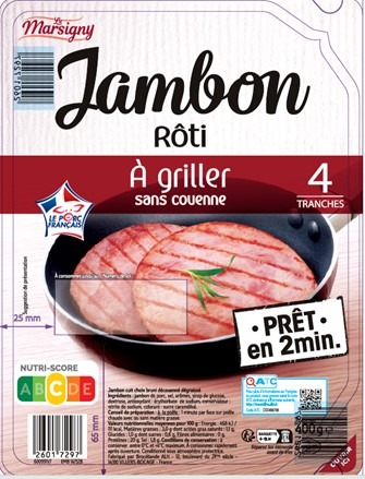 Jambon rôti à griller sans couenne 4 tranches 400g Le Marsigny : photo du produit rappelé le 26/03/2026