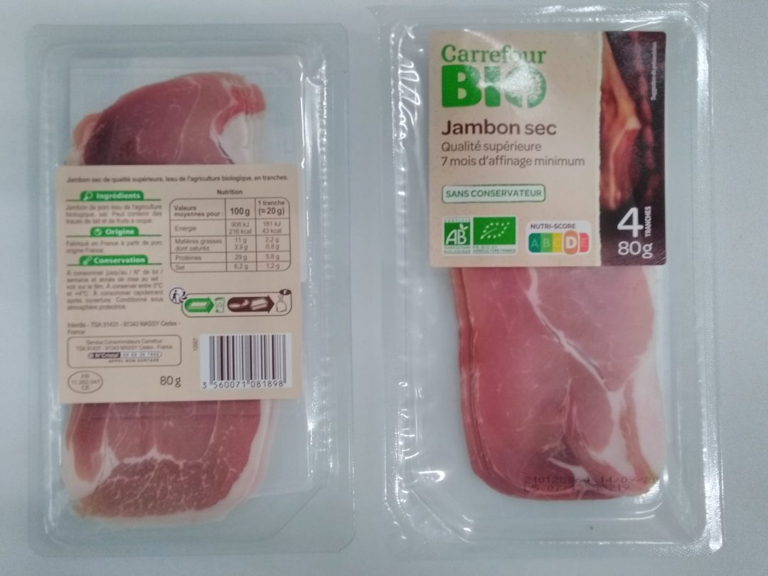 Jambon sec qualité supérieure 7 mois d'affinage minimum Carrefour BIO : photo du produit rappelé le 25/07/2022