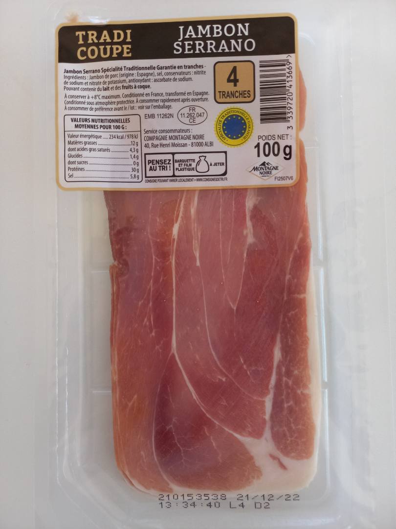 Jambon serrano 4tr 100 g tradicoupe Montagne Noire : photo du produit rappelé le 10/10/2022