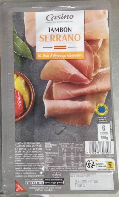 Jambon serrano STG 10 mois d'affinage minimum 6 tranches 100 g Casino : photo du produit rappelé le 13/09/2024