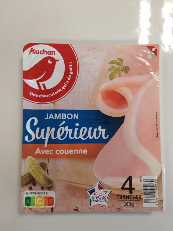 Jambon superieur avec couenne 4 tranches 160 g Auchan : photo du produit rappelé le 18/11/2022