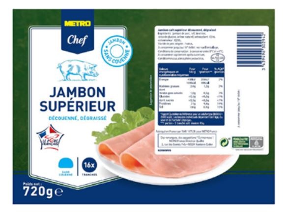 Jambon supérieur cuit découenné, dégraissé Metro Chef : photo du produit rappelé le 15/12/2022