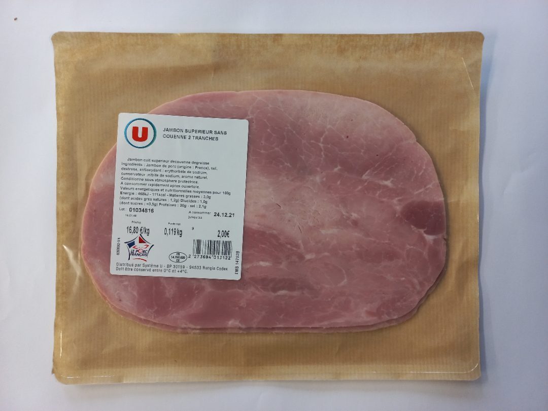 Jambon supérieur dd vpf u Marque U : photo du produit rappelé le 21/01/2022