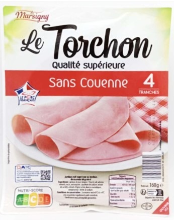 Jambon torchon qualité supérieure 4 tranches 160g Le Marsigny : photo du produit rappelé le 05/02/2026