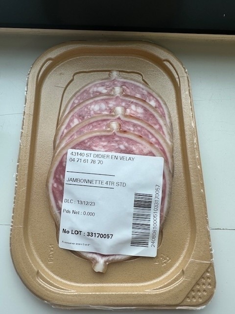 Jambonnette 4 tranches : lot 33170057 DLC : 13/12/23 Salaisons Massardier : photo du produit rappelé le 28/11/2023