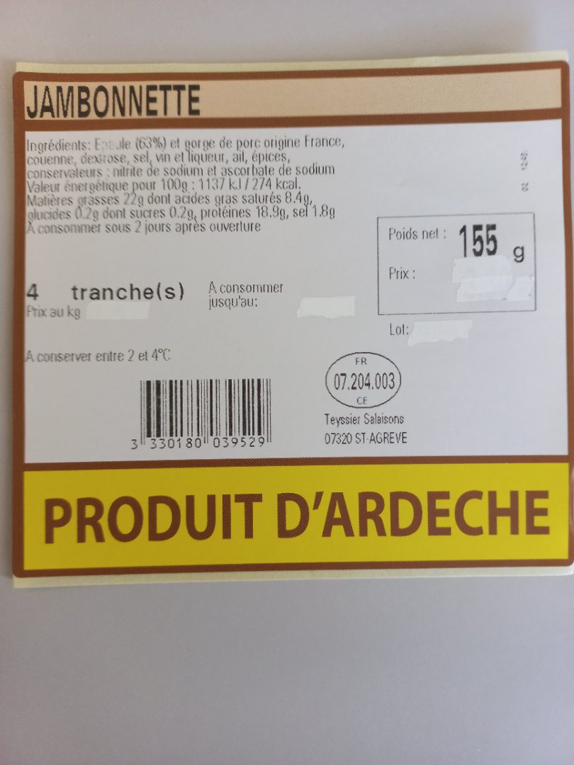 Jambonnette Salaisons de la Haute Ardèche : photo 2 sur 2 du produit rappelé le 27/08/2021