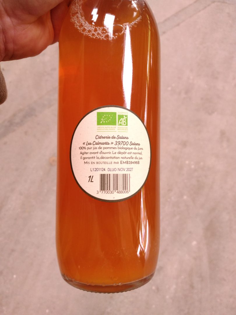 Jus de pommes bio Cidrerie de Salans : photo 2 sur 2 du produit rappelé le 14/10/2025