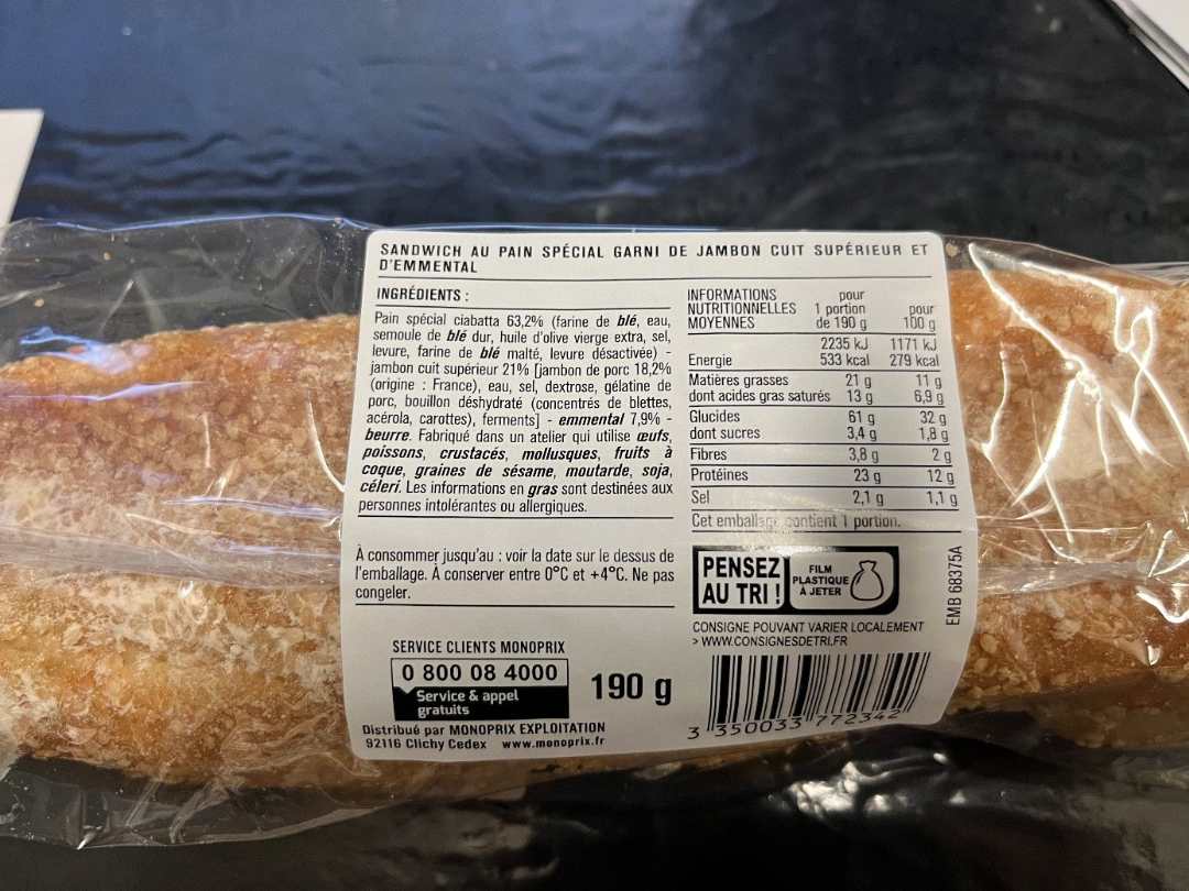La baguette jambon emmental Monoprix : photo du produit rappelé le 17/05/2022