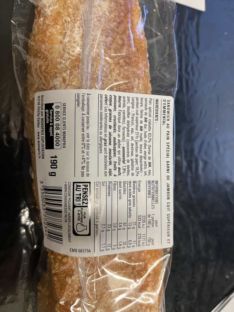 La baguette jambon emmental Monoprix : photo du produit rappelé le 17/05/2022