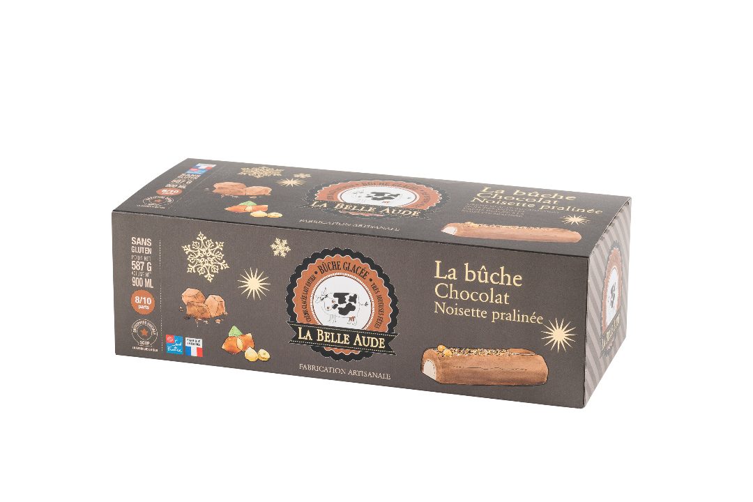 La bûche chocolat, noisette pralinée, la bûche chocolat noir La Belle Aude : photo du produit rappelé le 26/10/2021