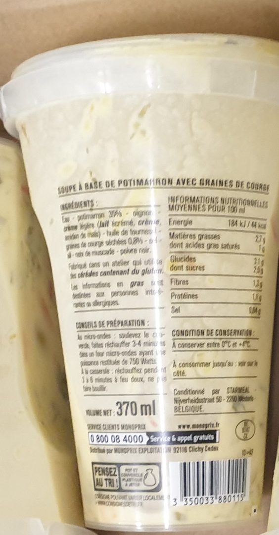La soupe potimarron graine de courge Monoprix : photo 2 sur 2 du produit rappelé le 01/12/2022