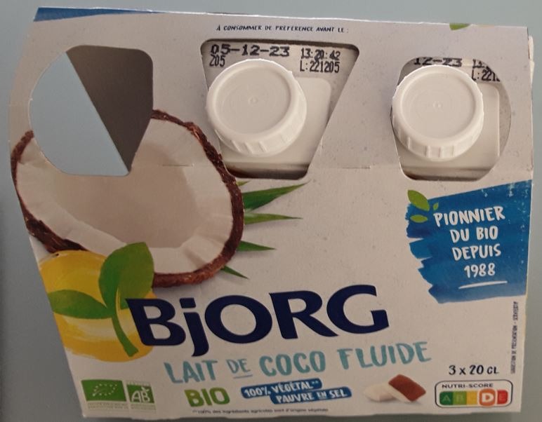 Lait de coco fluide 3x20cl Bjorg : photo du produit rappelé le 20/02/2023