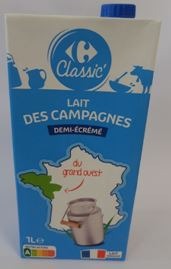 Lait des campagnes du grand ouest demi-écrémé stérilisé uht Carrefour : photo du produit rappelé le 02/12/2021