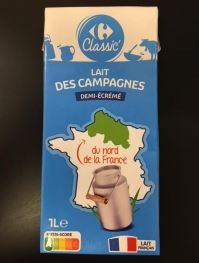 Lait des campagnes du nord de la France demi-écrémé Carrefour : photo du produit rappelé le 17/12/2021