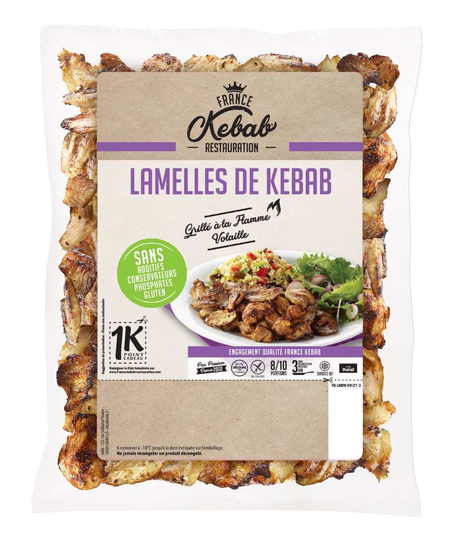 Lamelles de kebab vol sans phosphates coupe aux couteaux 850g France Kebab : photo du produit rappelé le 11/10/2022