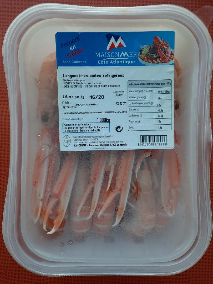 Langoustines cuites réfrigérées 16/20 - 1kg Maison Mer - Côte Atlantique : photo du produit rappelé le 31/12/2021