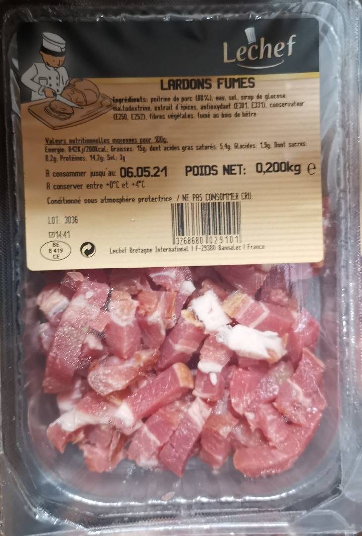 Lardons fumés 200g Lechef : photo du produit rappelé le 28/11/2023