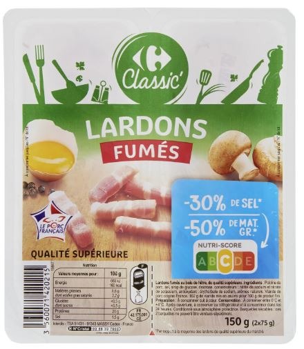 Lardons fumés -30% de sel* et -50% de mat. Gr* 150g Carrefour Classic : photo du produit rappelé le 05/12/2023