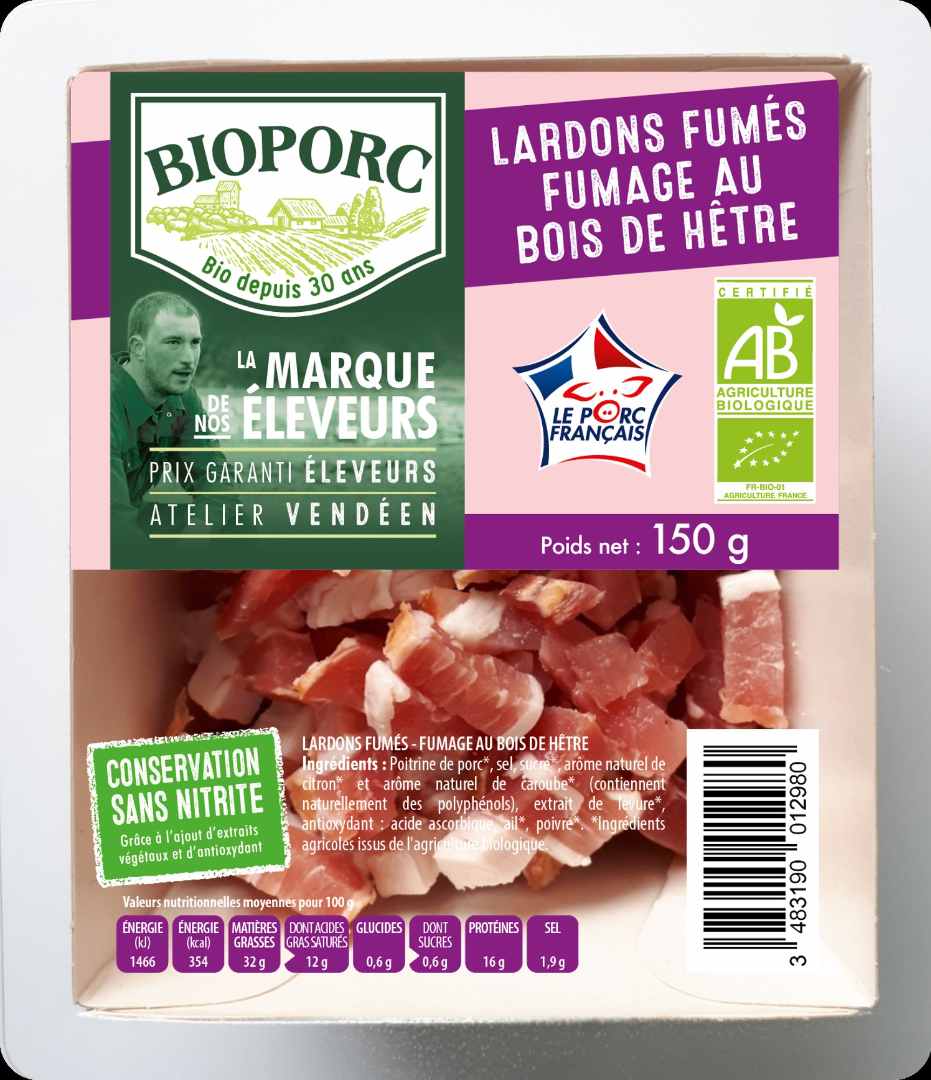 Lardons fumés - fumage au bois de hêtre Bioporc - la Marque de Nos Eleveurs : photo du produit rappelé le 26/11/2024