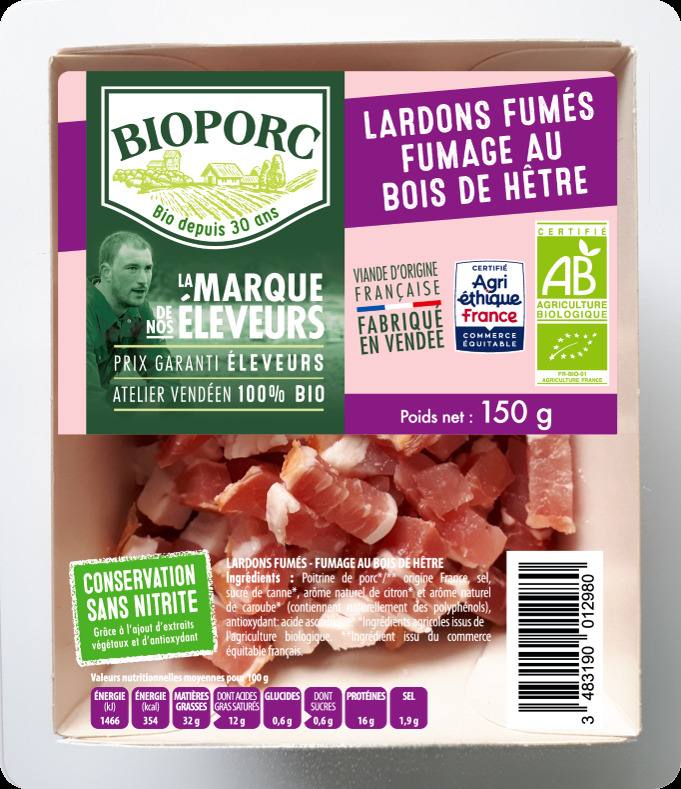 Lardons fumés - fumage au bois de hêtre La Marque de Nos Eleveurs - Bioporc : photo du produit rappelé le 23/08/2022