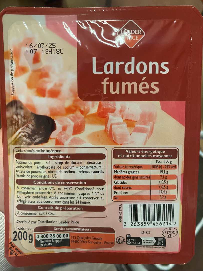 Lardons fumes qualite superieure 200g - leader price : photo du produit rappelé le 15/07/2025