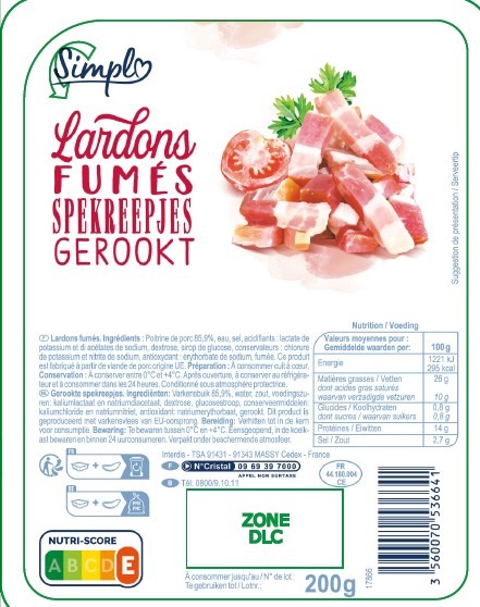 Lardons fumes Simpl : photo du produit rappelé le 17/11/2025