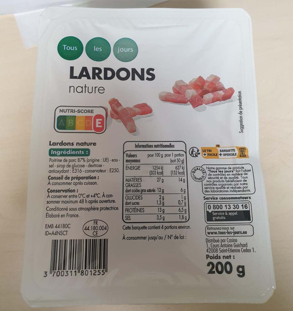 Lardons nature 200 g tous les jours : photo du produit rappelé le 19/05/2025