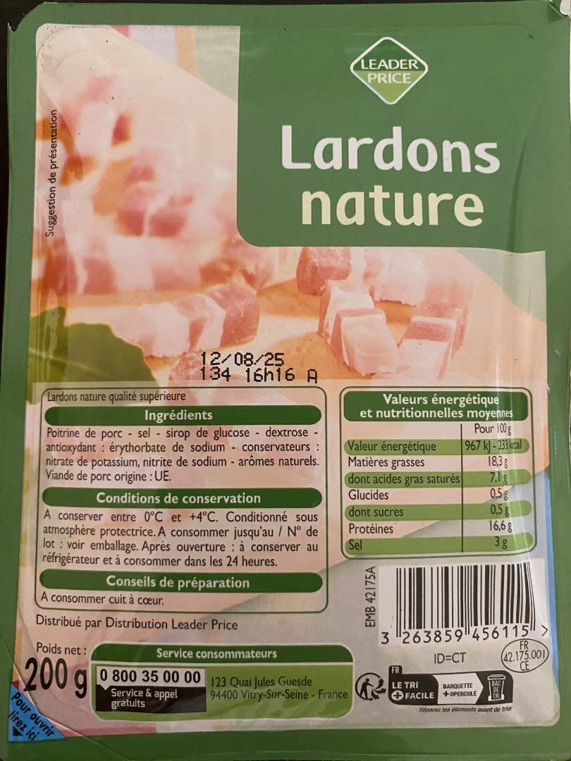 Lardons nature 200g qualite superieure leader price : photo du produit rappelé le 08/07/2025