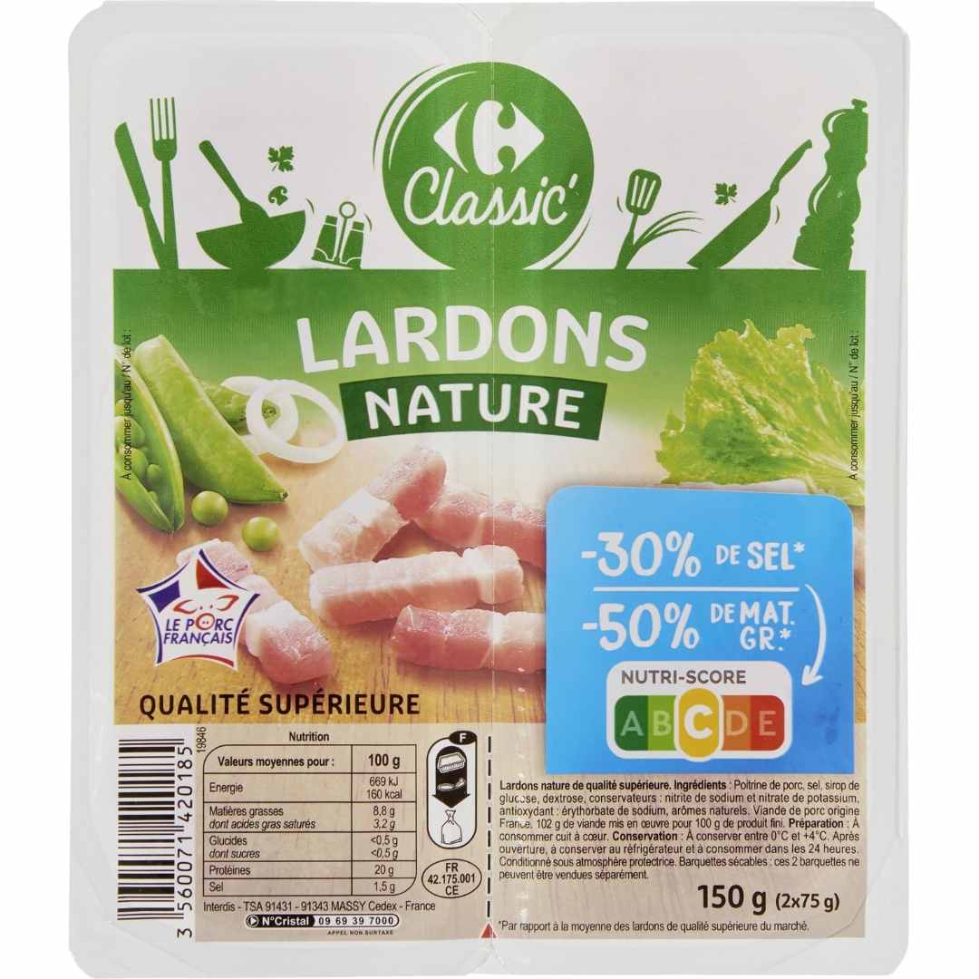 Lardons nature -30% de sel* et -50% de mat. Gr* 150g Carrefour Classic : photo du produit rappelé le 30/11/2023