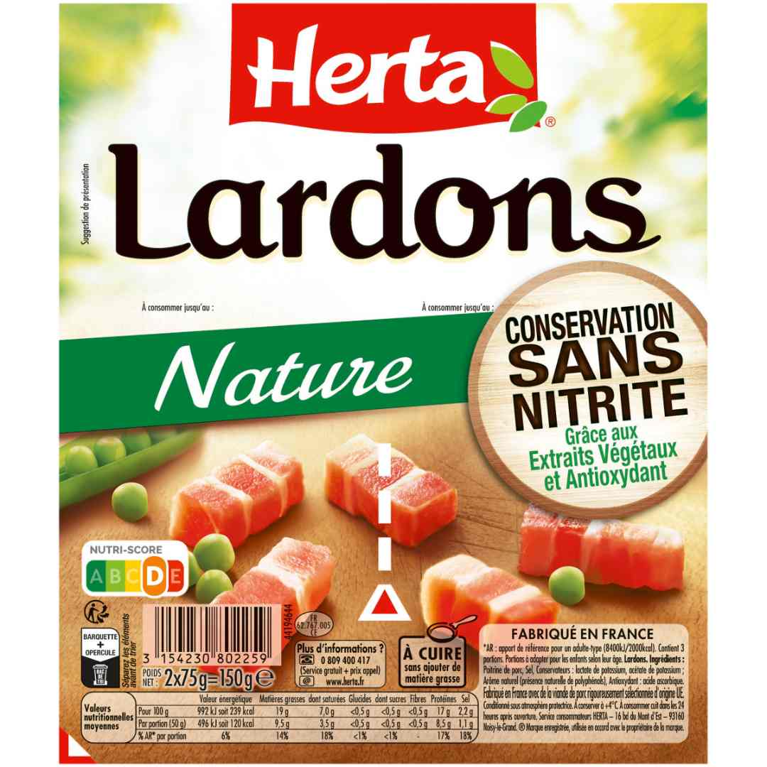 Lardons nature conservation sans nitrite 2x75 g Herta : photo du produit rappelé le 29/08/2025