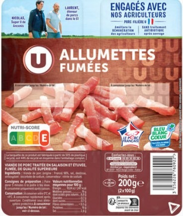 Lardons nature u - lardons u bio et allumettes fumées u U et U BIO : photo du produit rappelé le 29/01/2026