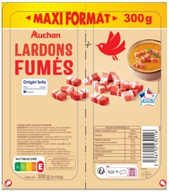 Lardons nature vpf 2x100g Auchan / lardons nature vpf 2x150g Auchan : photo du produit rappelé le 29/05/2026