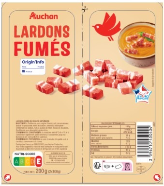 Lardons nature vpf 2x100g Auchan / lardons nature vpf 2x150g Auchan : photo 2 sur 4 du produit rappelé le 29/05/2026