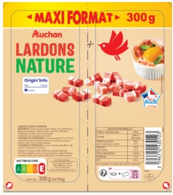 Lardons nature vpf 2x100g Auchan / lardons nature vpf 2x150g Auchan : photo 3 sur 4 du produit rappelé le 29/05/2026
