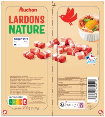 Lardons nature vpf 2x100g Auchan / lardons nature vpf 2x150g Auchan : photo 4 sur 4 du produit rappelé le 29/05/2026