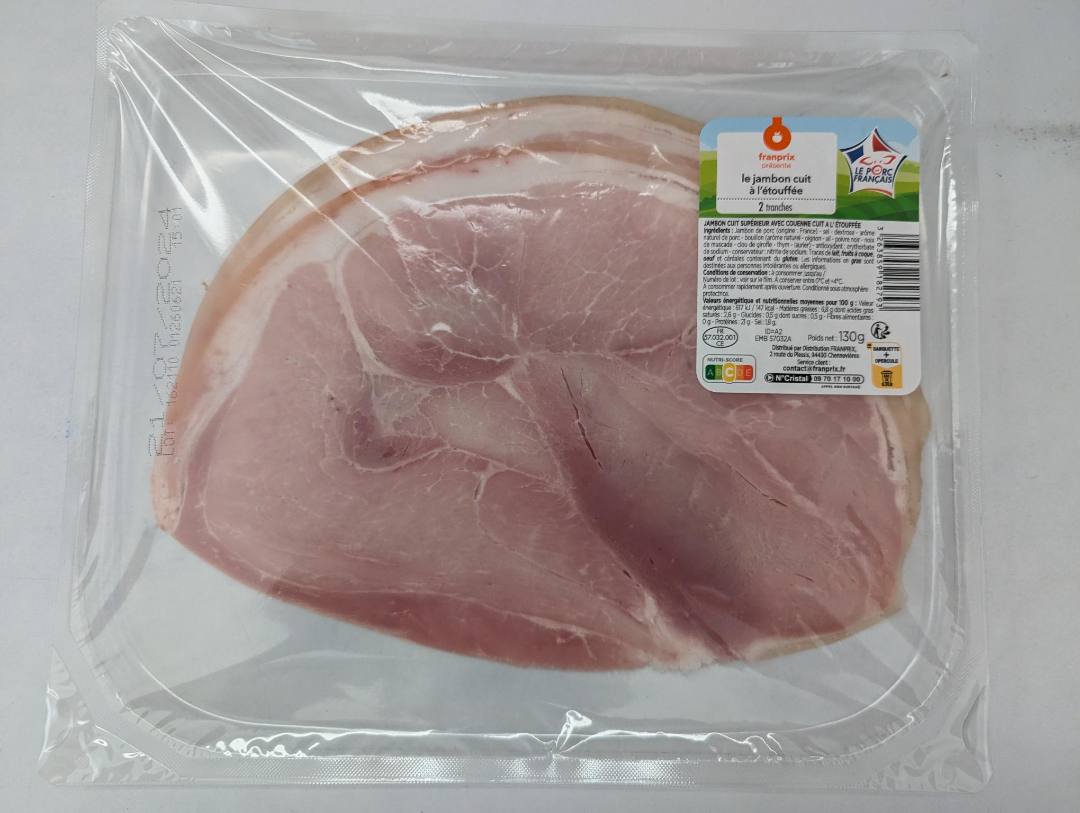 Le jambon cuit a l'etouffee 2 tranches 130g Franprix : photo du produit rappelé le 18/06/2024