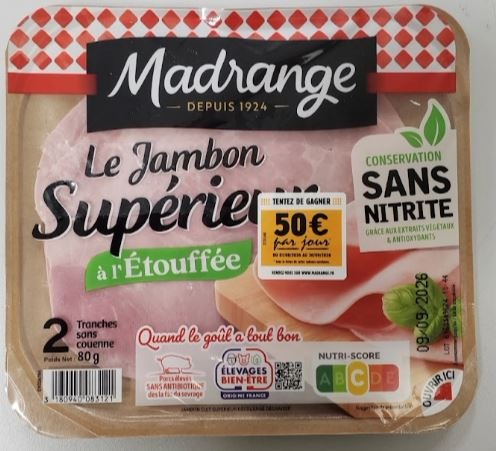 Le jambon supérieur à l’étouffée sans couenne conservation Madrange : photo du produit rappelé le 20/08/2026