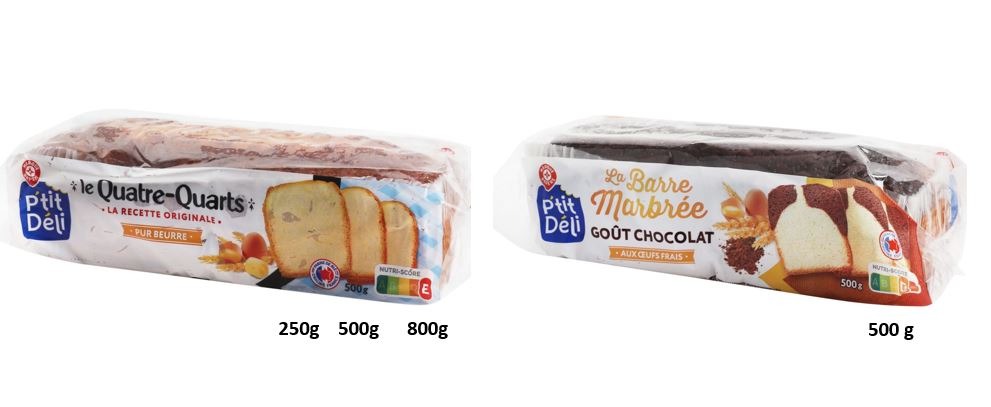 Le quatre-quarts 250g, 500g et 800g & la barre marbree 500g P’tit Deli : photo du produit rappelé le 03/08/2022