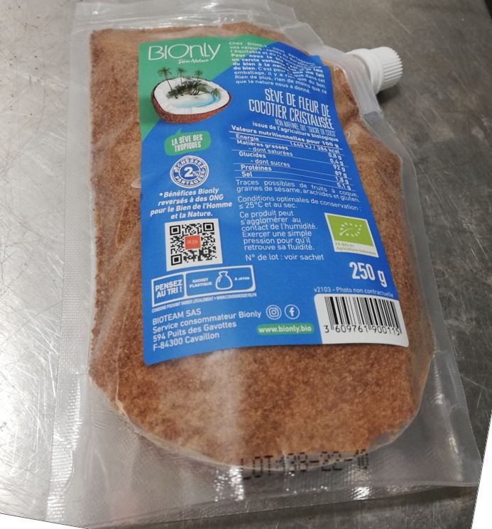 Le sucre de coco la douceur des tropiques biologique / sève de fleur Bionly : photo 2 sur 2 du produit rappelé le 09/12/2022